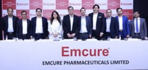 Emcure IPO 2 (L-R) - Mr. Akshay Sahai (Vice President, Healthcare Investment Banking, Jefferies India Private Limited); Mr. V. Jayasankar (Managing Director and Member Of The Board, Kotak Mahindra Capital Company Limited); Mr. Piyush Nahar (EVP, Corporate Development, Strategy & Finance, Emcure Pharmaceuticals Limited); Ms. Namita Thapar (Whole-time Director, Emcure Pharmaceuticals Limited); Mr. Satish Mehta (Managing Director and Chief Executive Officer, Emcure Pharmaceuticals Limited); Mr. Samit Mehta (Whole-time Director, Emcure Pharmaceuticals Limited); Mr. Vikas Thapar (President, Corporate Development, Strategy & Finance, Emcure Pharmaceuticals Limited); Mr. Tajuddin Shaikh (Chief Financial Officer, Emcure Pharmaceuticals Limited); Mr. Kuunal Mallkan (Vice President, Equity Capital Markets, Axis Capital Limited); Mr. Abhinav Bharti (Head of India Equity Capital Markets, J.P. Morgan India Private Limited) at the press conference in connection to Emcure Pharmaceuticals Limited's Initial Public Offering.