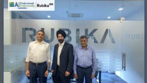 Prof Tarundeep Singh Anand, Chancellor, Universal Ai University with RUBIKA India leadership while announcing the partnership for setting up of a RUBIKA Design School in its Karjat Campus.